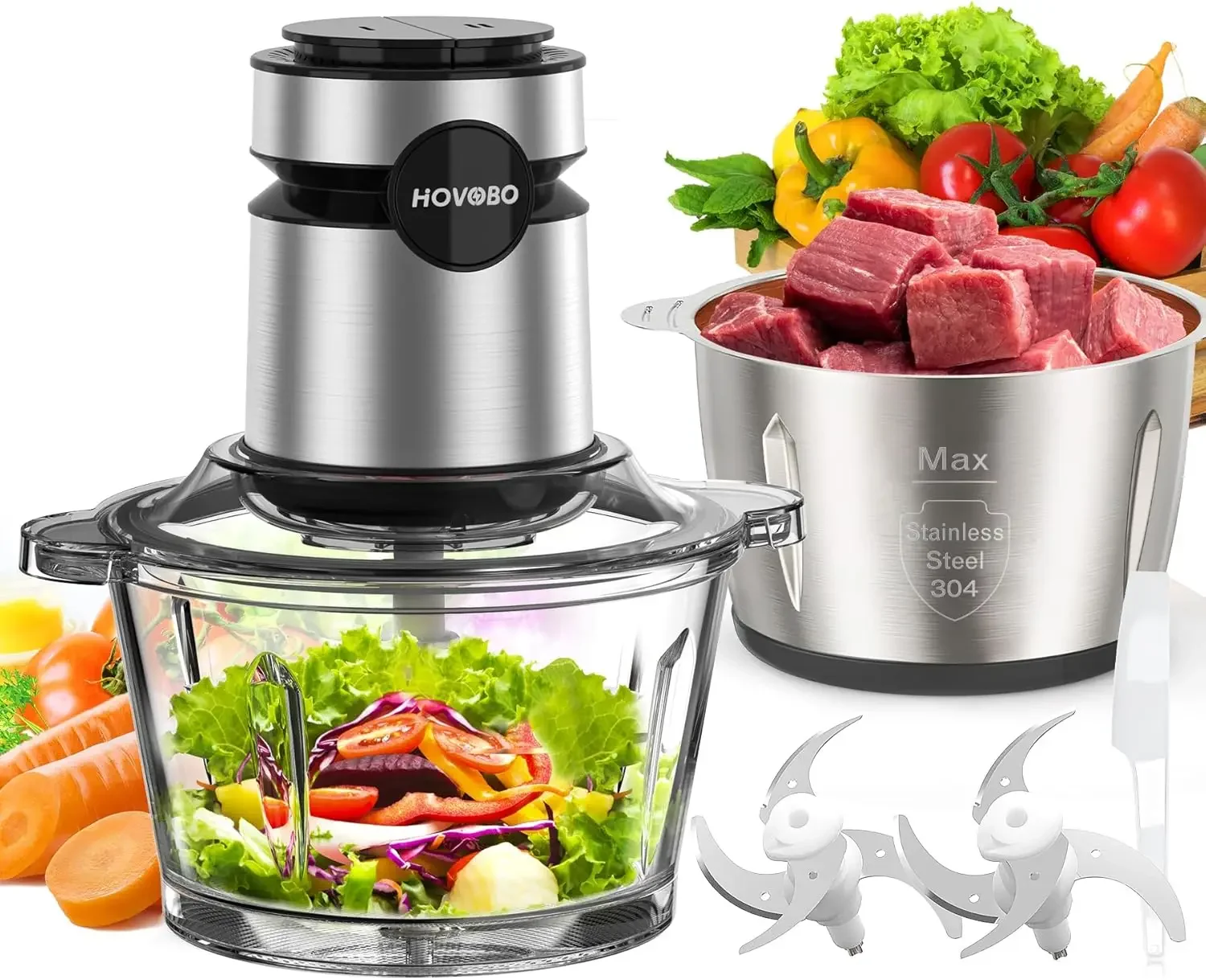 Food Processor, 500W Electric Meat Grinder Food Chopper with Two 8 Cup Bowls & 2 Bi-Level Blades, 2 Speed Kitchen Cutter