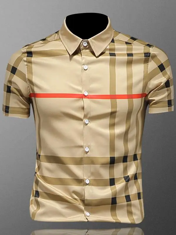 

Мужская рубашка Slim Fit, летняя, повседневная, молодежная, модная, в корейском стиле, в клетку, с полосками, с коротким рукавом, высокого качества, больших размеров, из полиэфирного волокна.