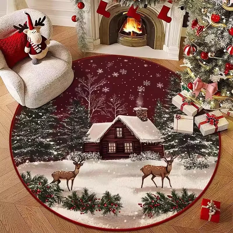 VIKAMA Christmas Round Area Carpet Non-Slip Easy Care Living Room Sofa Floor Mat Bedroom Bed Blanket Holiday Home Decoration