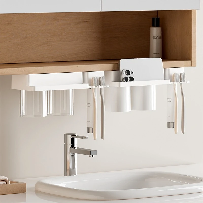 4 in 1 Bathroom Toothbrush Holder, Phone Stand, Cup & Facial Wash Storage, Mirror under Counter Organizer, Dental Kit Rack