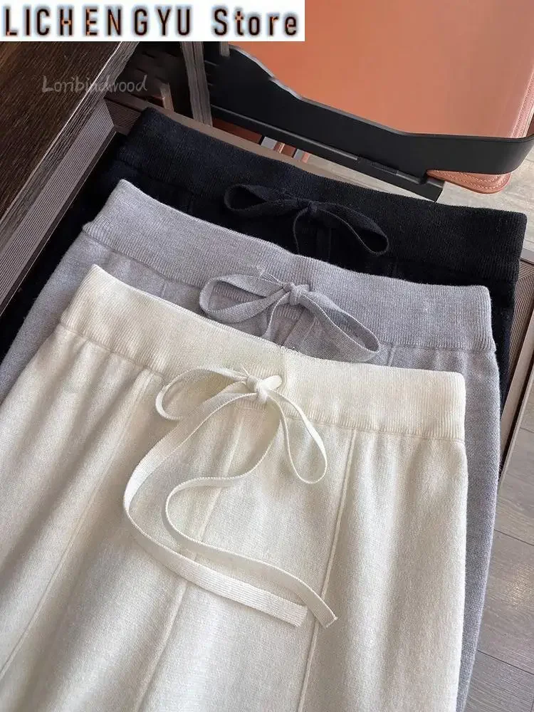 

New Soft Waxy White Knit Wide-leg Pants Women's Autumn Winter Thick Wool Drop Casual Straight Floor-length Pants