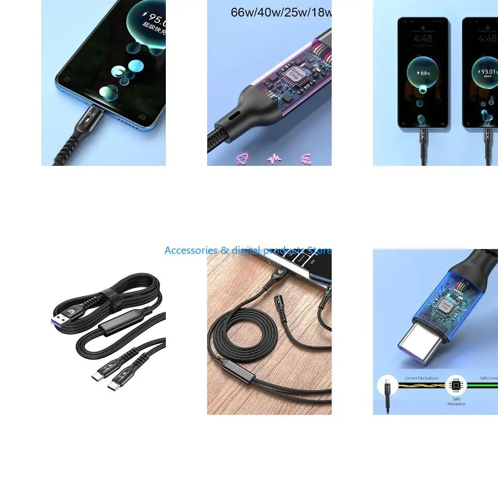77JD Double USB C Splitter Cable Power 2 USB C Devices Multi USB Type C USB To Double Type C 6A Cable