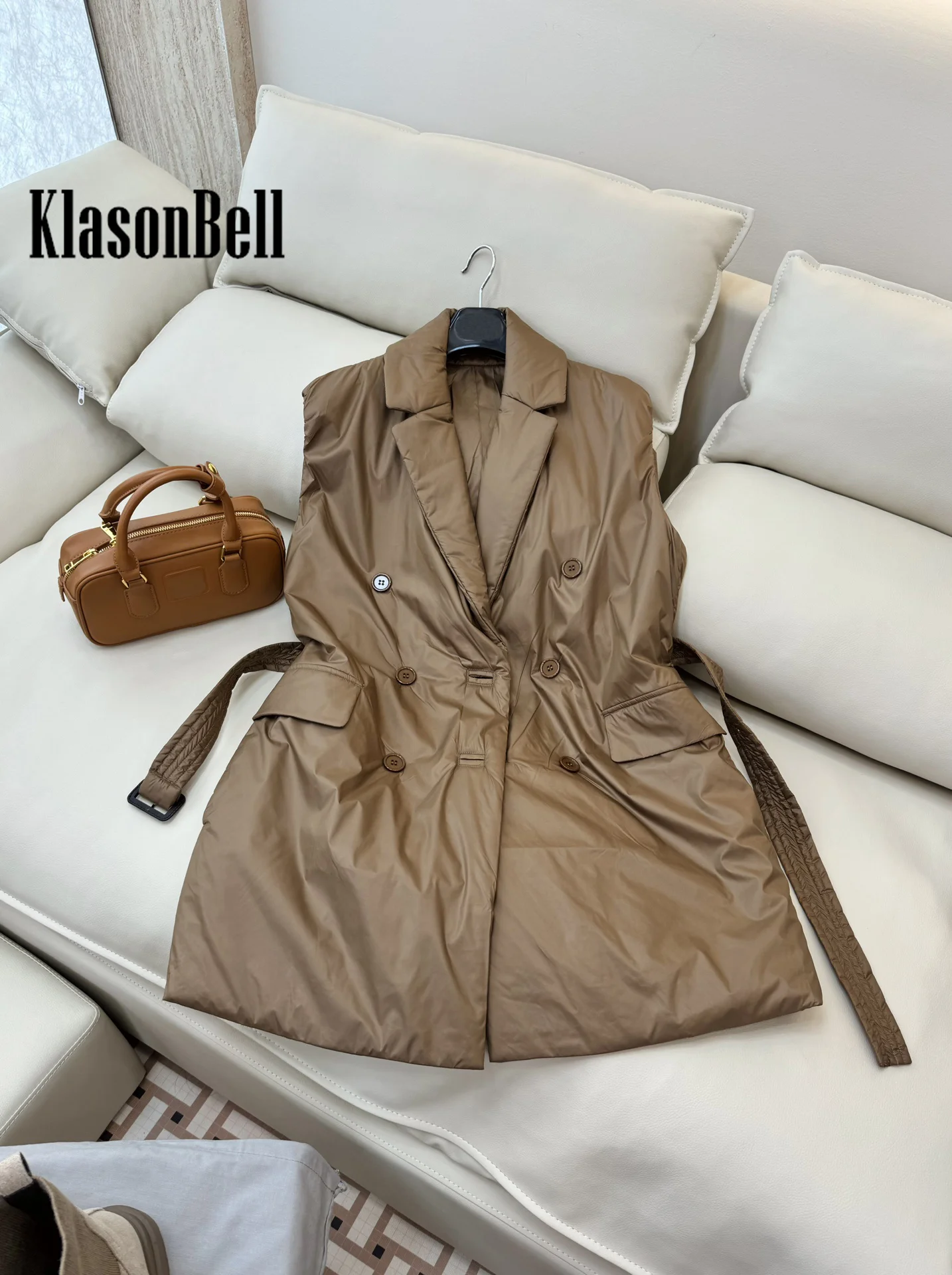 8.28 KlasonBell-Women Fashion All-match Camel Hair Sashes Short Vest Double Breasted Lapel Sleeveless Back Split Vest Coat