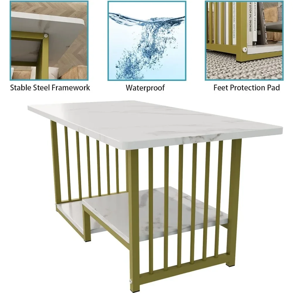 Moshou Salontafel Wit Faux Marmer 2-Tiers Grote Rechthoekige Zijtafel Met Opslagplank Voor Houten Bank Koffietafels