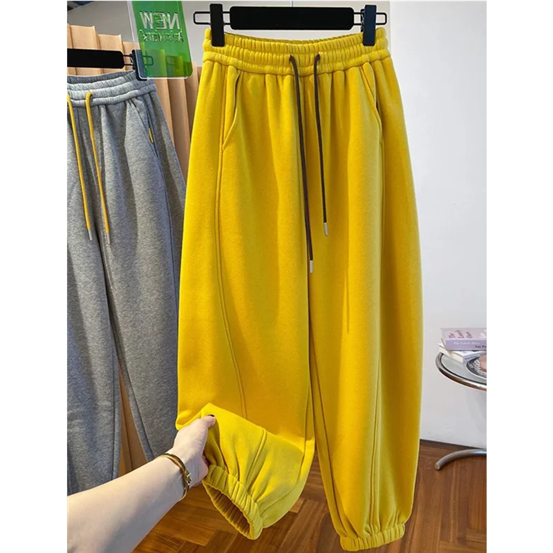 

Autumn Winter High Waist Lined Plush Pants Woman Casual Sporty Style Harlen Pants Thickened Loose Drawstring Daily Thermal Pants
