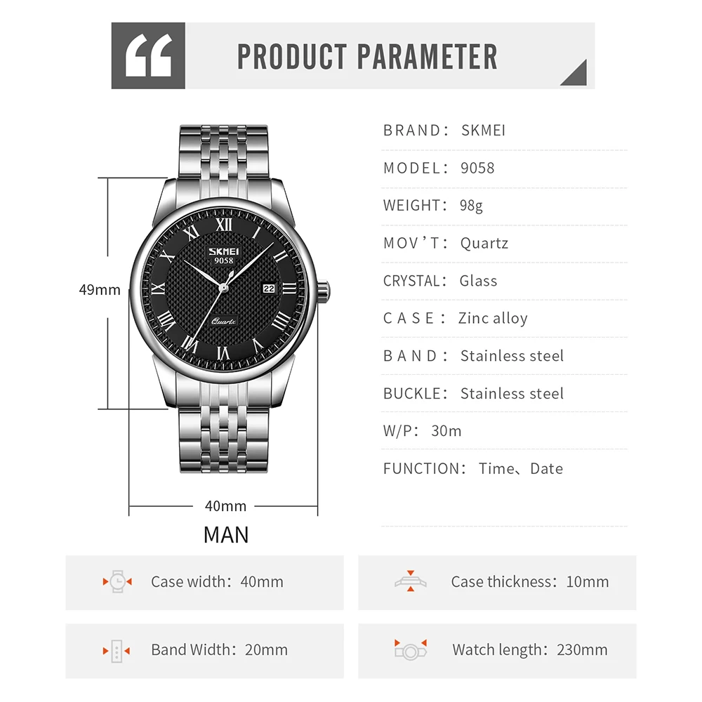 SKMEI Fashion Luxury Design 3Bar Waterproof Time Date Wristwatches Business Quartz Movement Watches For Men Women Simple Watch