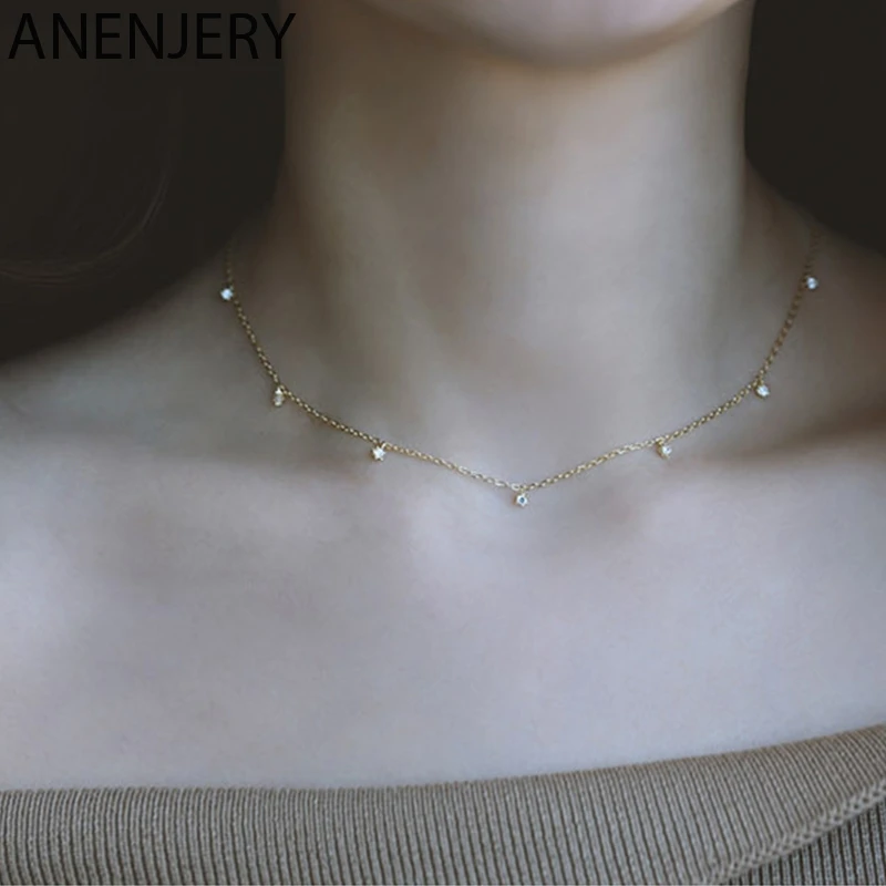 ANENJERY Silver Color Bling Multi-Zircon Pendant Necklace for Women Simple Temperament Choker Korean Niche Accessories