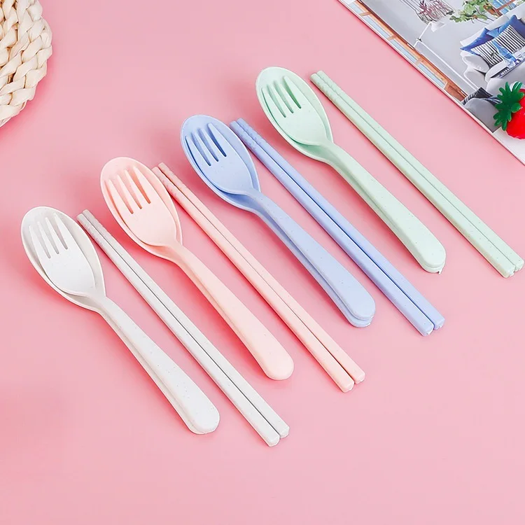 Wheat Straw Spoon Chopstick Fork Tableware Set Cutlery Utensils With Storage Case Goodie Bag Children Day Gift