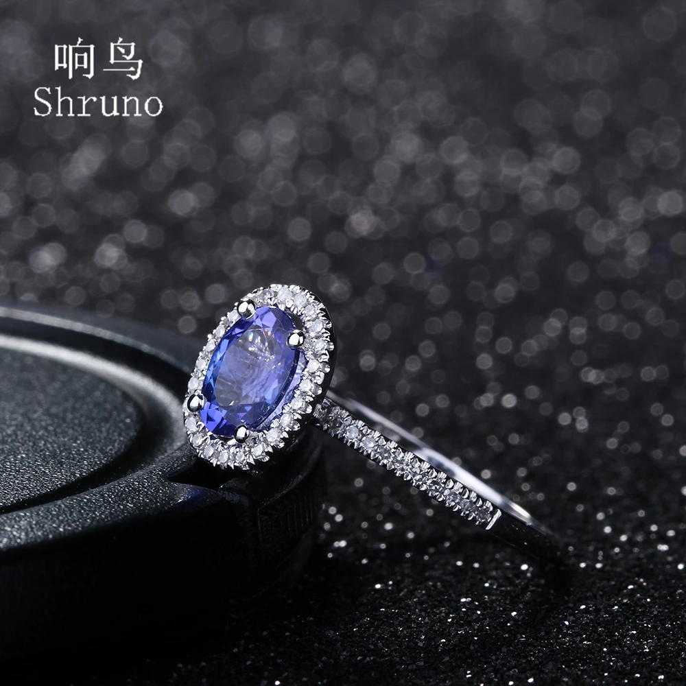 Shruno Solid 14k AU585 White Gold Oval 5x7mm Genuine Tanzanite Engagement Ring For Women Real Diamond Wedding Fine Jewelry Gift