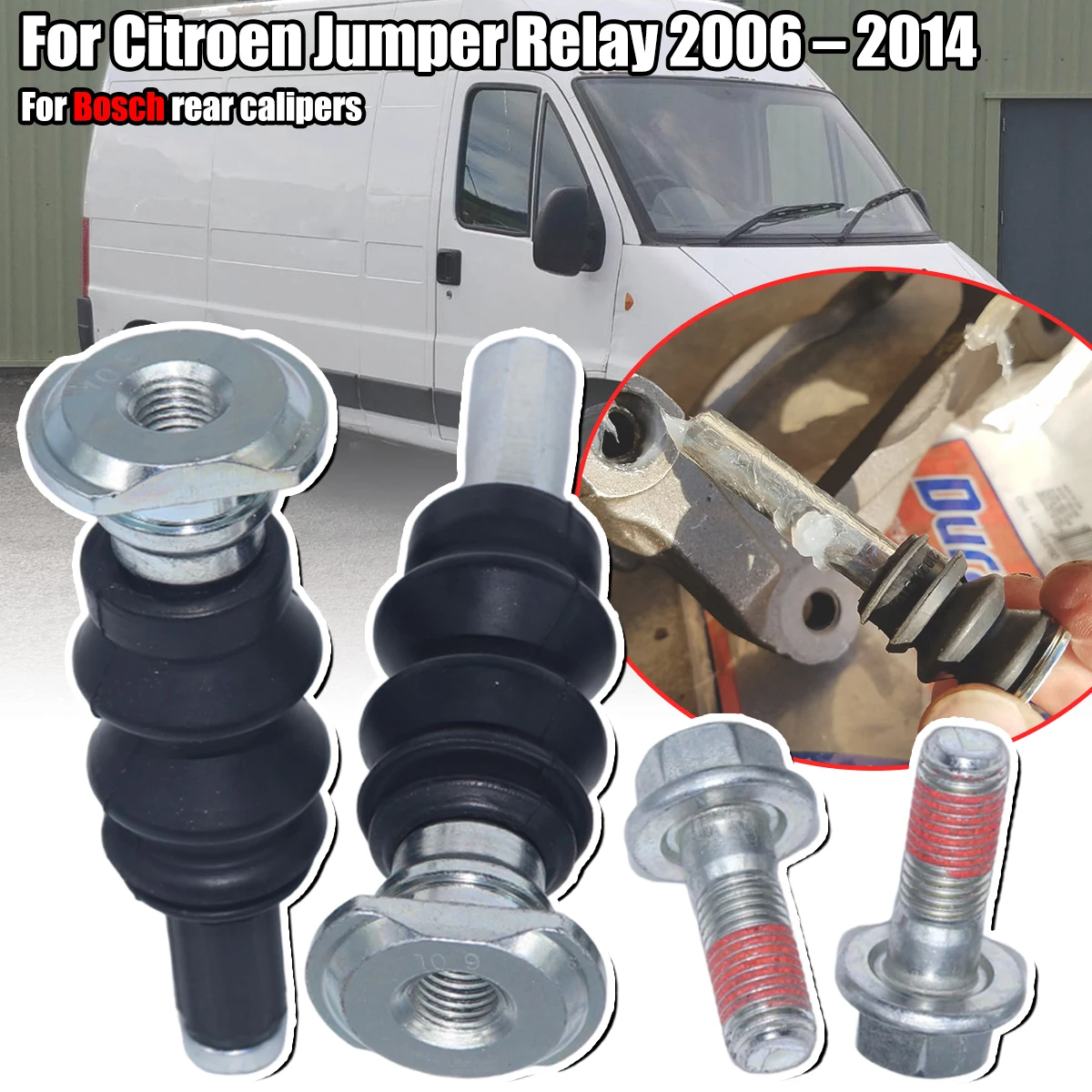

For Citroen Jumper Relay 2006-2014 Rear Brake Caliper Slider Guide Pins Bolt Kit Left Right Disc Housing Bellows Sleeve Bushing