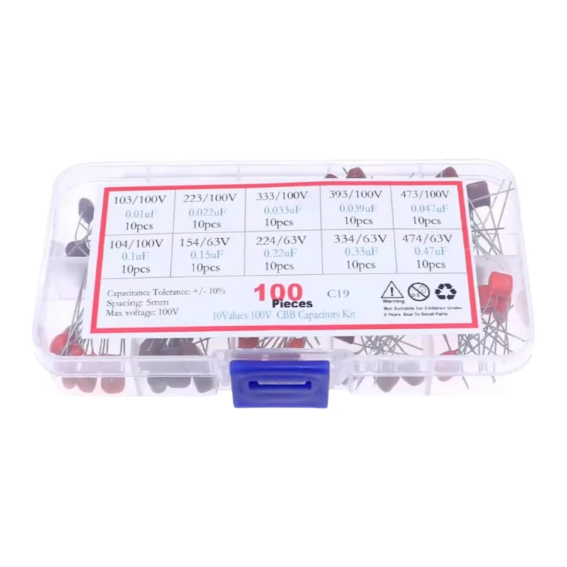 100PCS 10values * 10PCS CBB capacitors kit inserted directly into 63V 100V film capacitors 0.01uF~0.47uF mixed packaging box