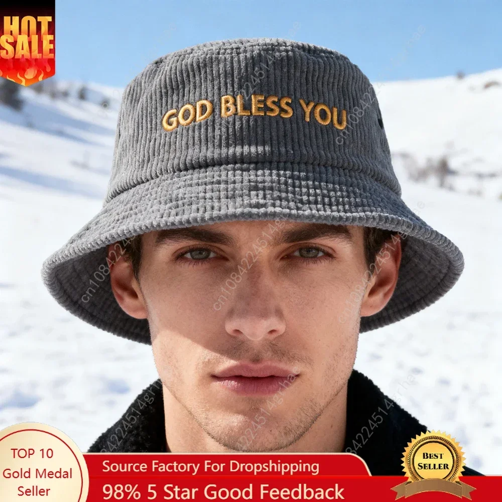 

1pc 'GOD blessu' embroidery Corduroy Bucket Hat Breathable Sun Hat Unisex Outdoor Vacation Travel Foldable Fisherman Cap For Men