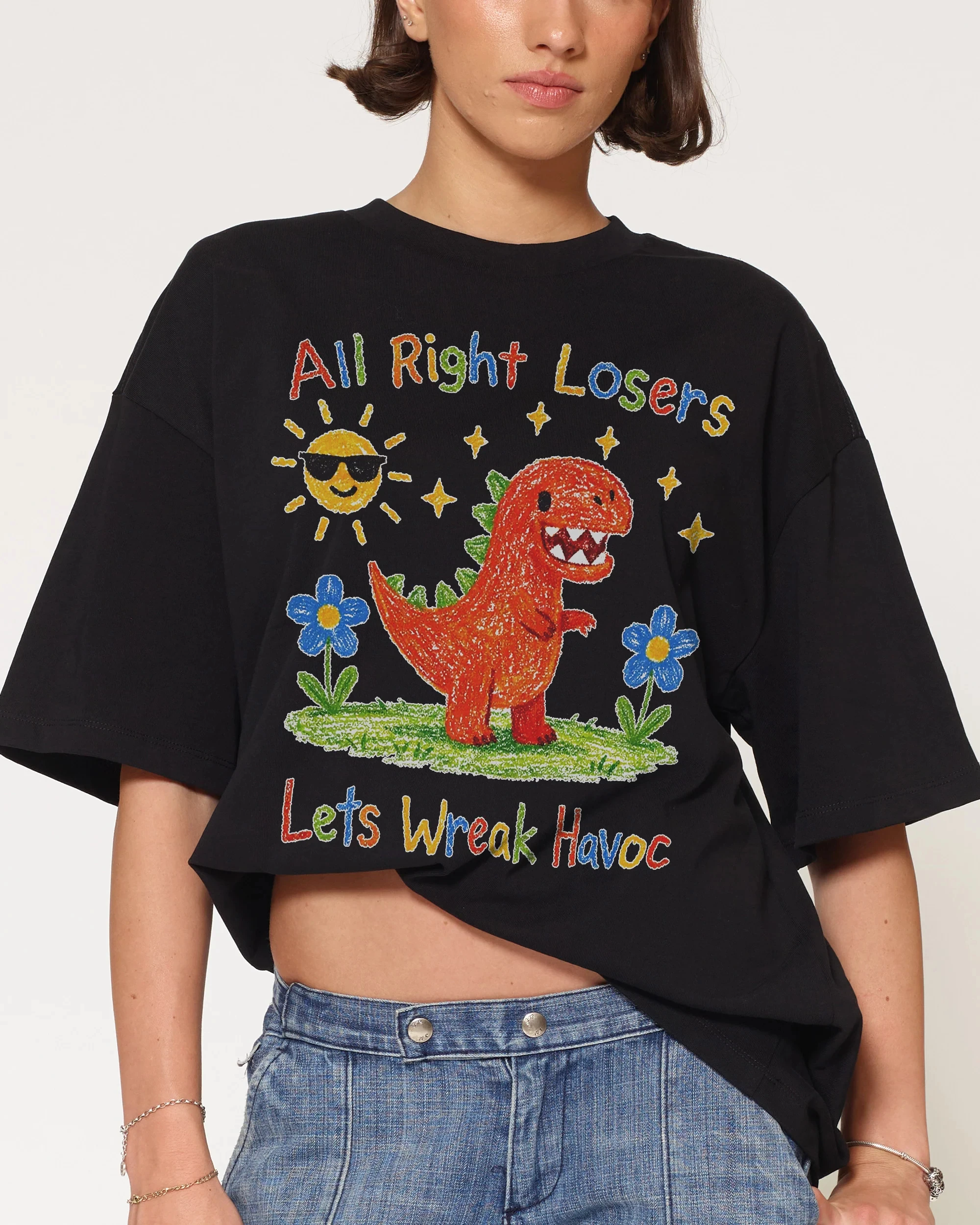 All Right Losers Lets Wreak Havoc Crayon Dinosaur T-Shirt Cotton Men's and Women's Short Sleeve Cute Hand Drawn Dino Graphic Tee