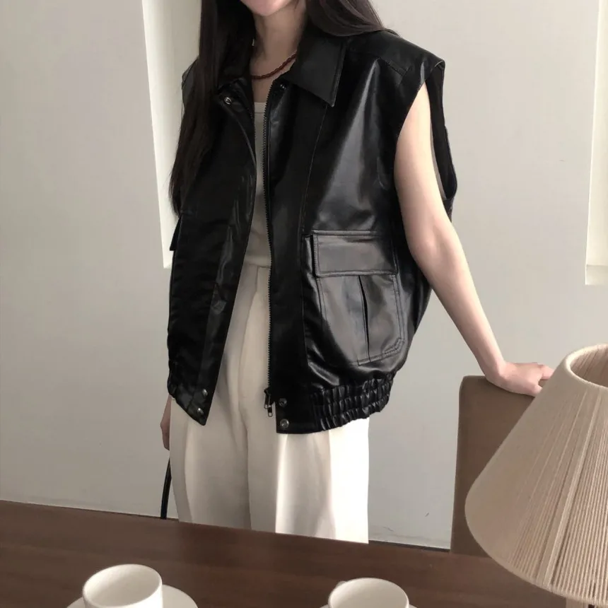 Autumn Vintage Lapel Casual Long Sleeved PU Leather Jcket Vest Women