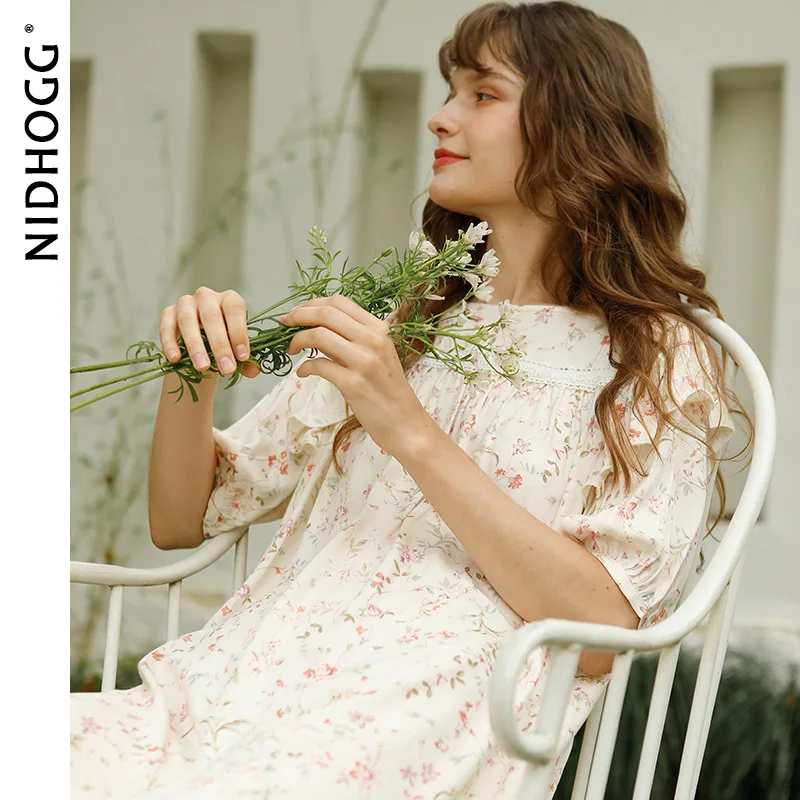 فستان نوم فرنسي عتيق مزين بالزهور للنساء صيفي بأكمام قصيرة من الدانتيل ثوب نوم الأميرة كشكش الجنية ملابس منزلية قميص نوم فضفاض #5