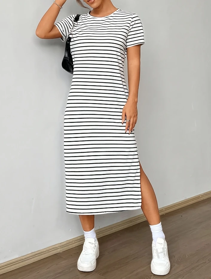 

Women Round Neck Short Sleeved Striped Printed Slit Dress Dresses Woman Summer 2025 Trend