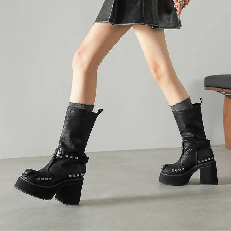 Distressed Leather Upper Rivet Detail Buckle Strap Platform Block Heel Gothic Mid Calf Boots Women Fall Winter Outfit Shoes F95
