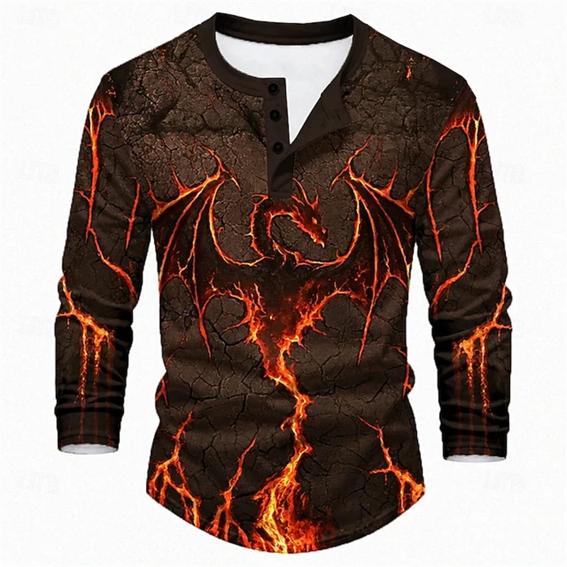 Fashionable Fantasy-Style Men's Henry T-Shirt With Blazing Lava Dragon Print Long-Sleeve Fall Men's Plus-Size Casual Top