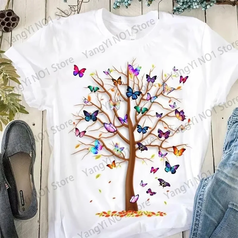 

Butterfly Tree Print Harajuku T-Shirt Round Neck Top Short Sleeve Casual Summer Tee Shirt