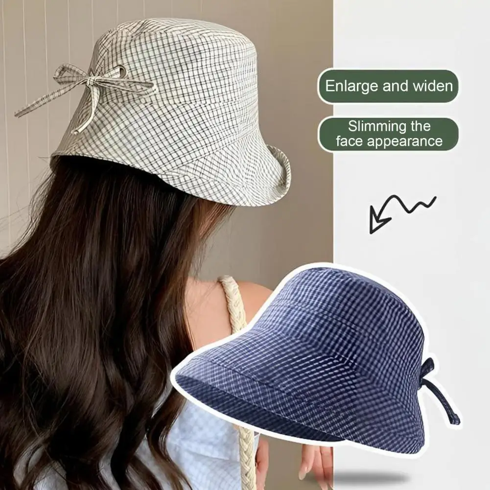 Stain-resistant Japanese Style Hat Plaid Fisherman Hat for Women Wide Brim Uv Protection Sun Cap Adjustable Back Bow Beach Hat