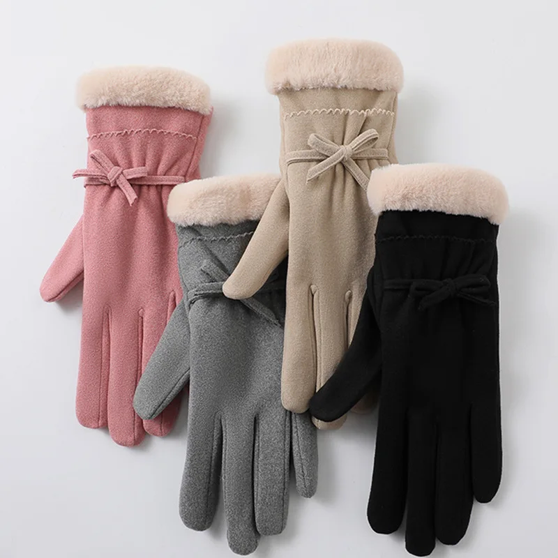 Autumn and Winter Fashion Versatile Gloves for Women Elegant Bow Thickened Warm Touch Screen Windproof Cycling Ski Gloves