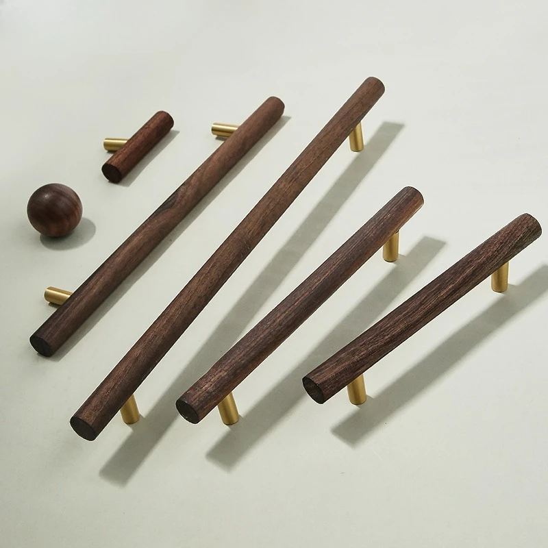 

Walnut and Brass Furniture Handles Modern Simple Style Wood Cabinet Knobs and Handles Anti-cracking and Anti-oxidation