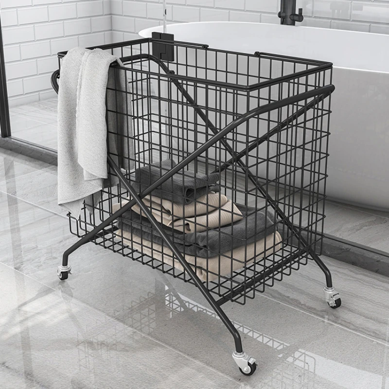 

Multi-Functional Mobile Storage Cart Iron Art Clothes Basket Bathroom Laundry Hamper Grid Pattern Mesh Bin Large Container