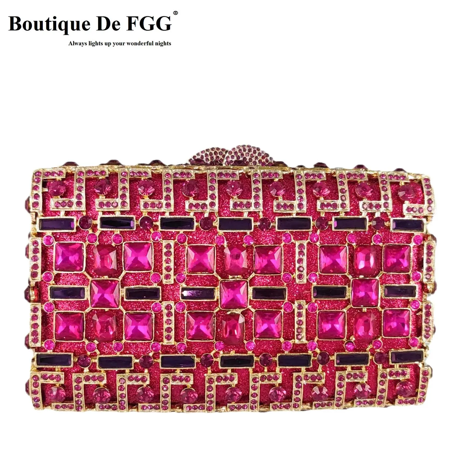 Boutique De FGG Women Fuchsia Evening Bags Crystal Clutch Handbags Wedding Party Bridal Rhinestone Box Minaudiere Purse