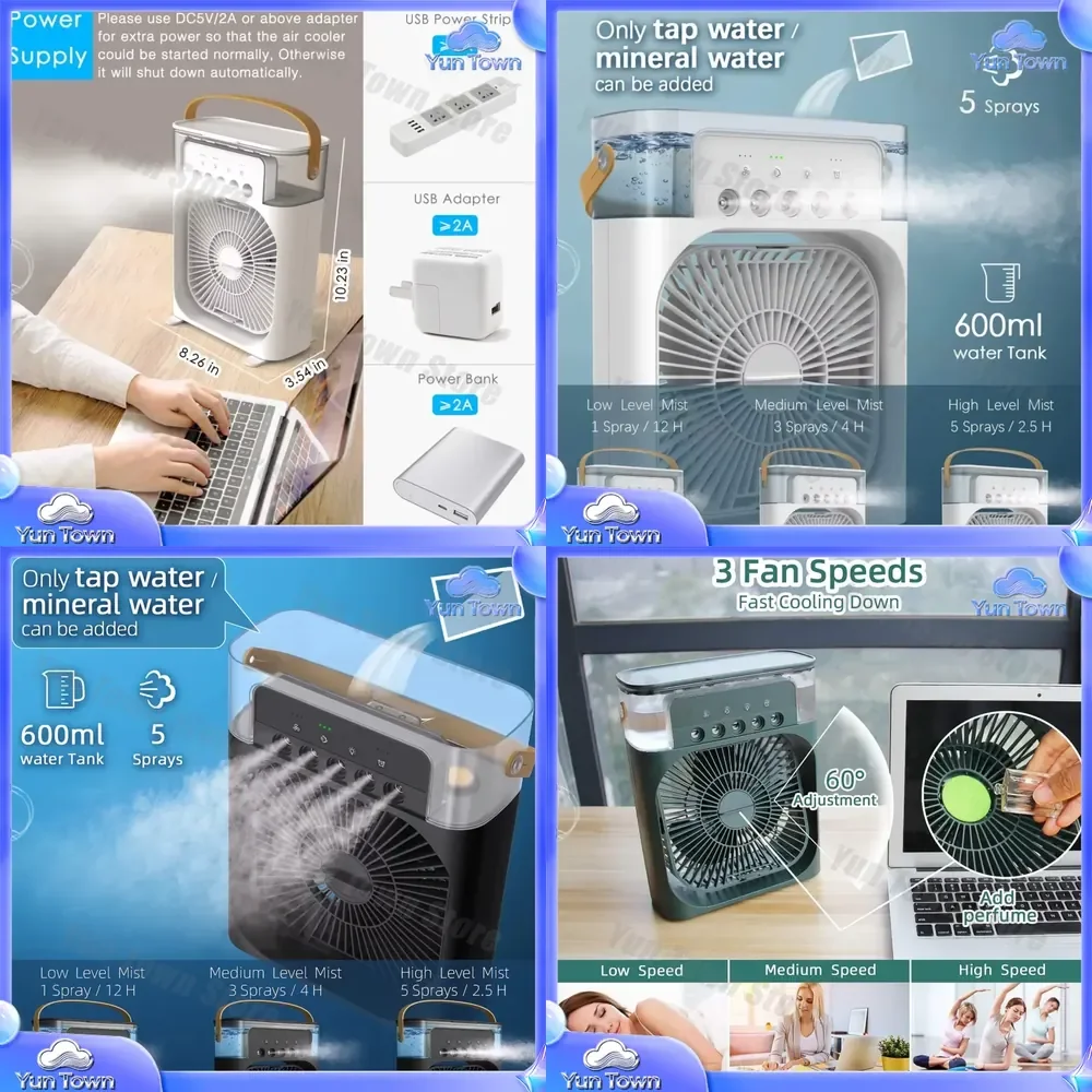 for 5V 2A Mini Cooler Fan for Home Office Bedroom Portable Air Humidifier 600ML Electric Cooling Fan USB Charging Misting Fan