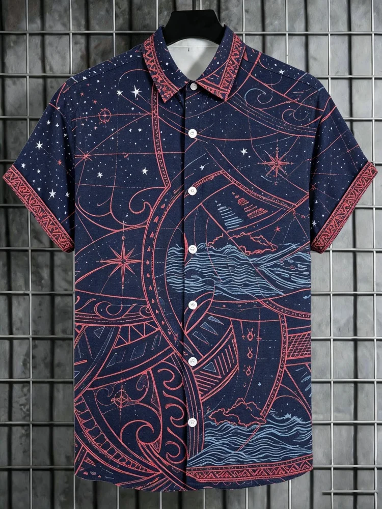 Summer Men's Polynesian Tribal Totem Printed Short Sleeve Shirt Loose Hawaiian Vacation Collar Shirt