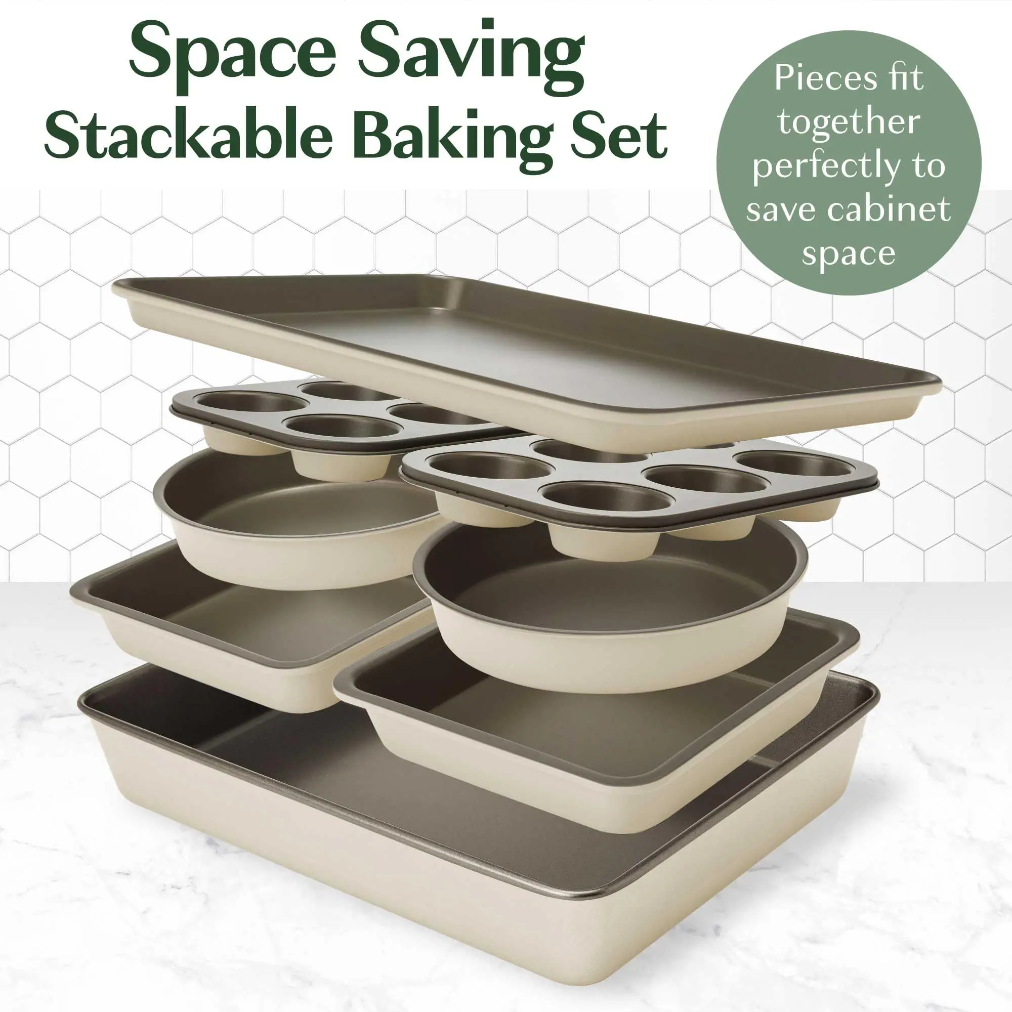 All-In-One Nonstick Bakeware Set, Stackable and Space Saving Design includes Round and Square Pans, Muffin Pans, Cookie Sheet an