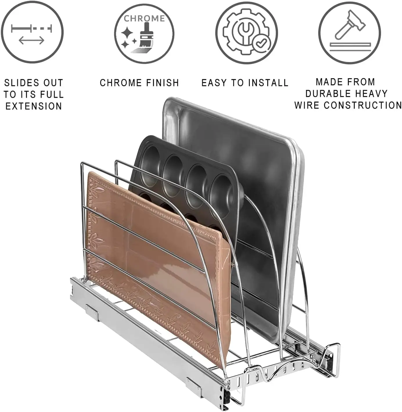 Pull Out Organizer for Cookie Sheet, Cutting Board, Bakeware, and Tray, Sliding Rack- Heavy Duty - for Under Sink/Under Cabinet