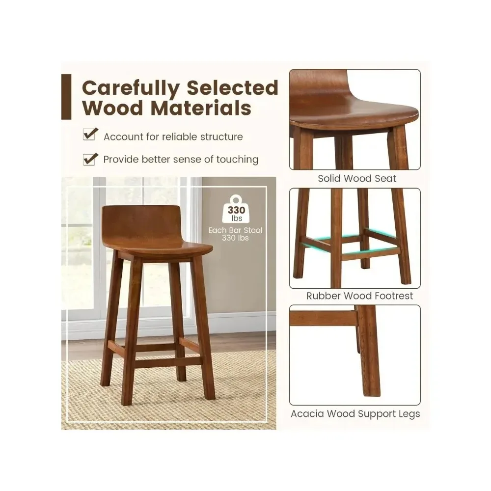 เก้าอี้บาร์ขนาด 24.5 นิ้ว ชุด 2 ตัว, เก้าอี้บาร์สูงระดับเคาน์เตอร์พร้อมพนักพิงต่ำและที่วางเท้า, เก้าอี้บาร์ไม้สไตล์ฟาร์มเฮาส์, เก้าอี้บาร์ไม้แบบไม่มีที่วางแขน
