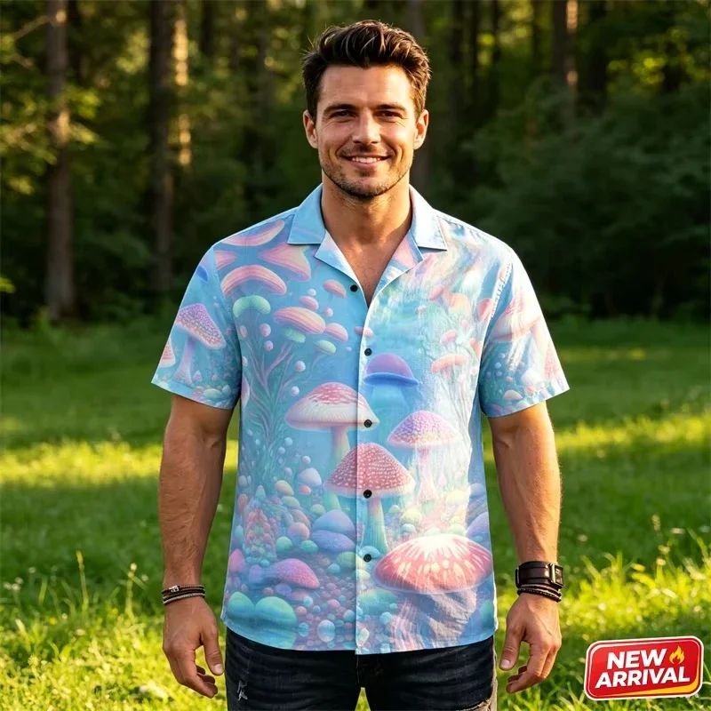 Psychedelic Mushroom Graphic Hawaiian Shirt Men 3D Print Casual Button Lapel Short Sleeve Colorful Summer Fashion Beach Shirts