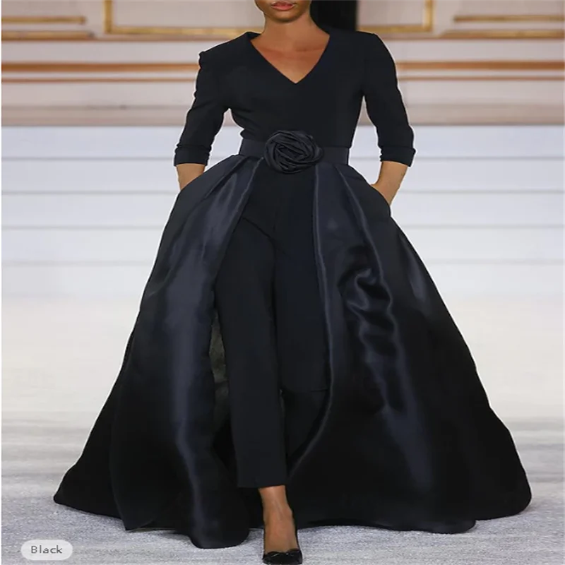 

Комбинезон с верхней юбкой Платье для матери невесты Элегантное простое черное платье с V-образным вырезом и скользящим шлейфом Эластичная ткань на заказ