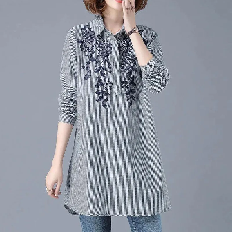 Thin Japan Style Turn-down Collar Cotton Linen Striped Long Sleeve Women Shirt Medium Length Single Breasted Large Embroidery