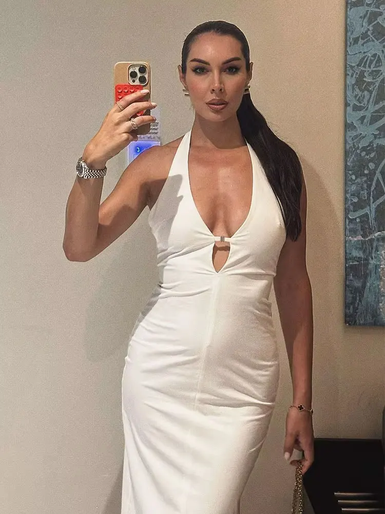 HH Feminino Praia Estilo Vestido Longo Branco Com Decote Em V Sem Mangas Sem Encosto Oco Out Zíper ​ ​ ​ ​ ​ ​ Vestidos de verão Mulher 2024 na moda