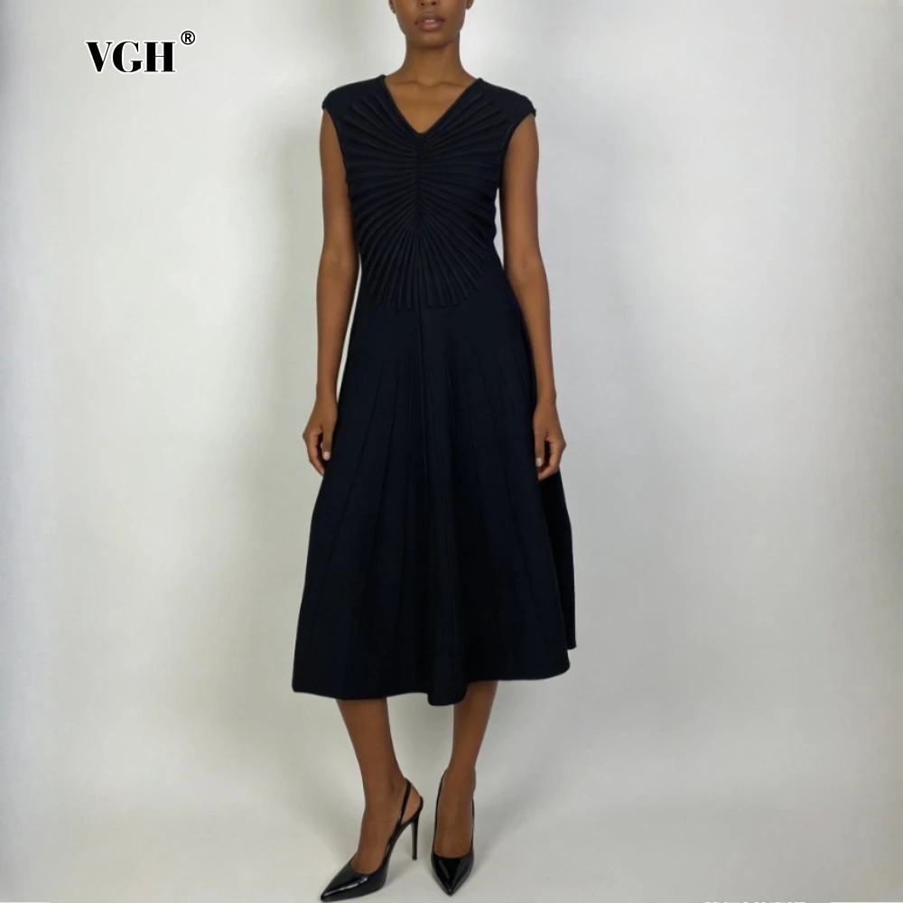 VGH Solides, locker geschnittenes, plissiertes, schickes Kleid für Damen, V-Ausschnitt, ärmellos, Vintage, elegantes Kleid, weiblich, Sommermode, neue Kleidung
