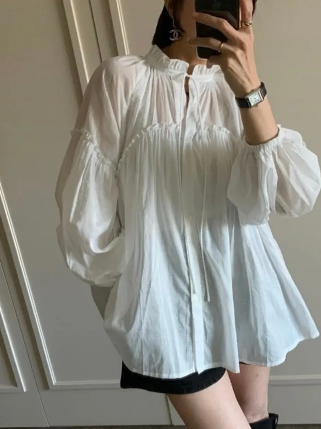 

Chic Pleated Splice Loose Lazy Sle Slimming Sweet Young Doll irt Women's Casual Long Sve Stand Collar Top Trendy