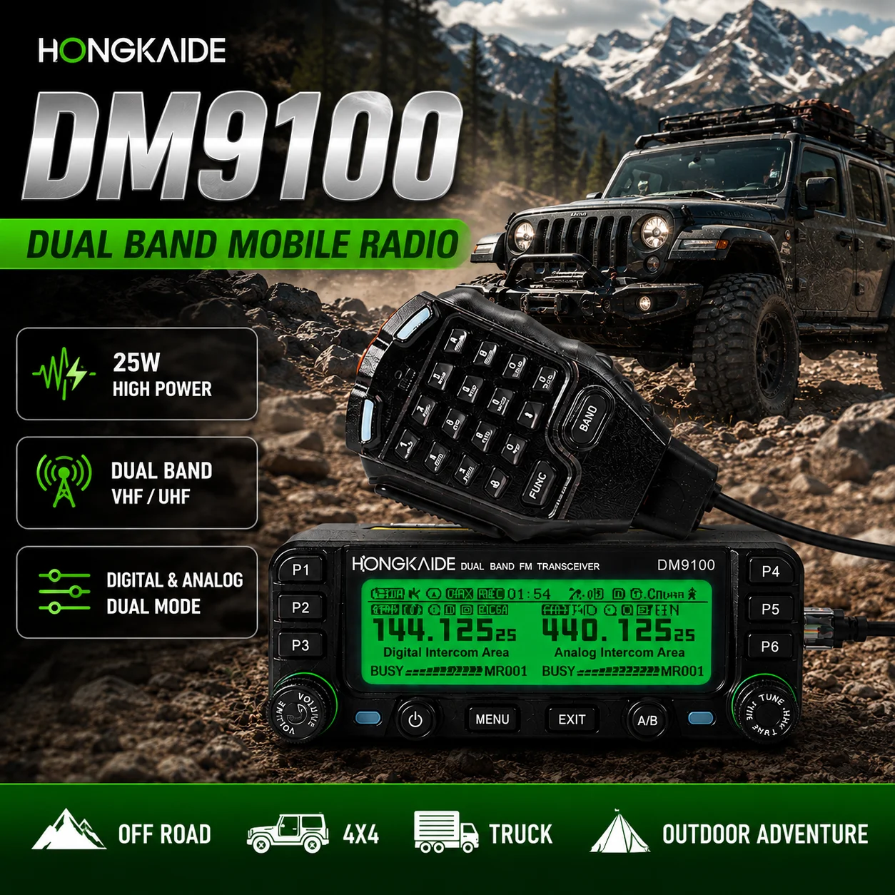 HONGKAIDE DM9100 DMR Mobile Radio 25W VHF UHF Dual Band GPS APRS Dual Time Slot Car Two Way Radio