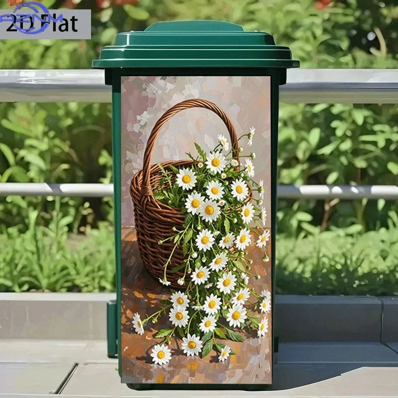 2D 1PCTrash Can Sticker Basket of Blooming Daisies Theme Design Self-Adhesive Wall Decal Wallpaper Kitchen Trash Can Decoratio