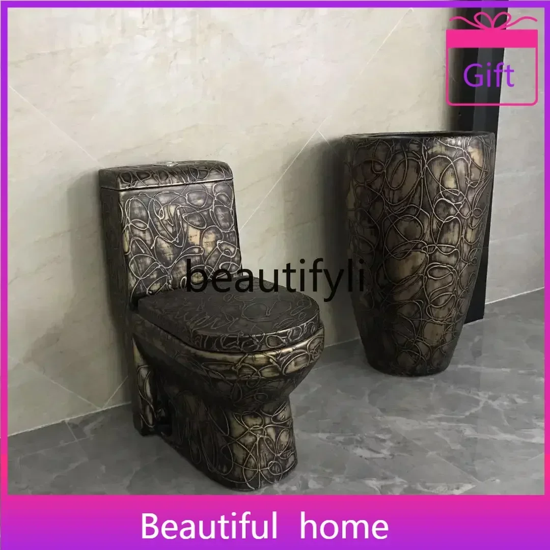 zqBoutique high-end wood grain toilet, siphon type one-piece antique toilet, ceramic, marble pattern