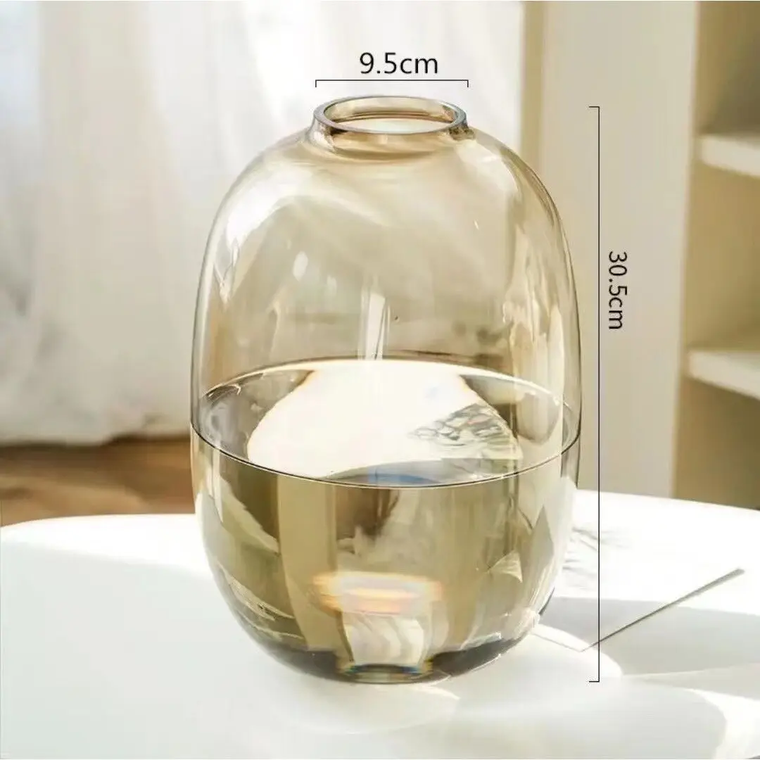 Smoky Gray Minimalist Glass Vase Oval Hydroponic Flower Plant Container For Home Living Room Tabletop Decor