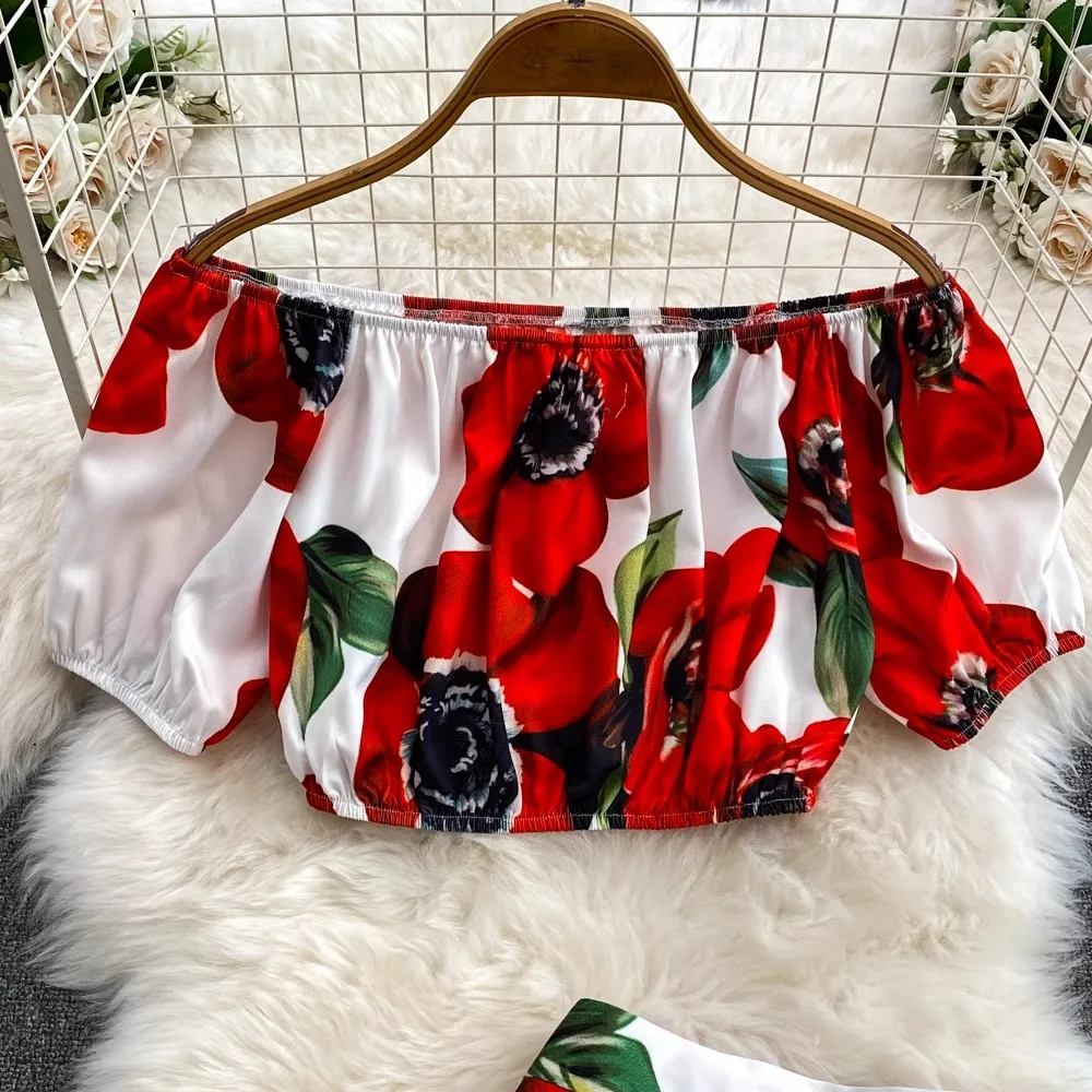 Summer Runway Flower Two Piece Set Women\'s Slash Neck Elastic Short Crop Tops + Holiday Beach Maxi Skirt Suits Female Outfits