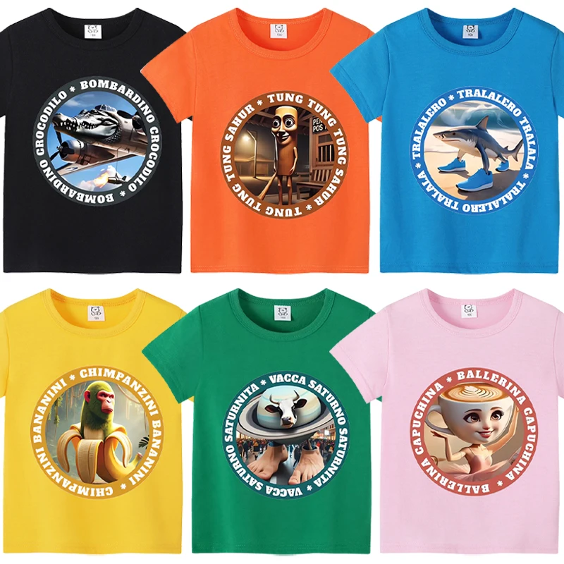 

New Italian Brainrot Children T Shirts Tralalero Tralala Cartoon Graphic T-shirt Summer Short Sleeves Tops Kids Boys Clothing