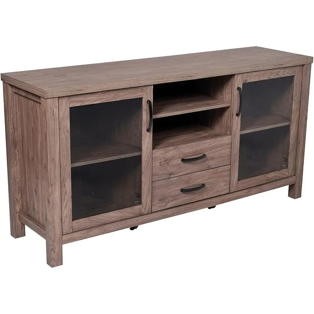 

Тумба из инженерной древесины с дверцами из закаленного стекла, 2 ящиками, открытой полкой, 59, коричневый