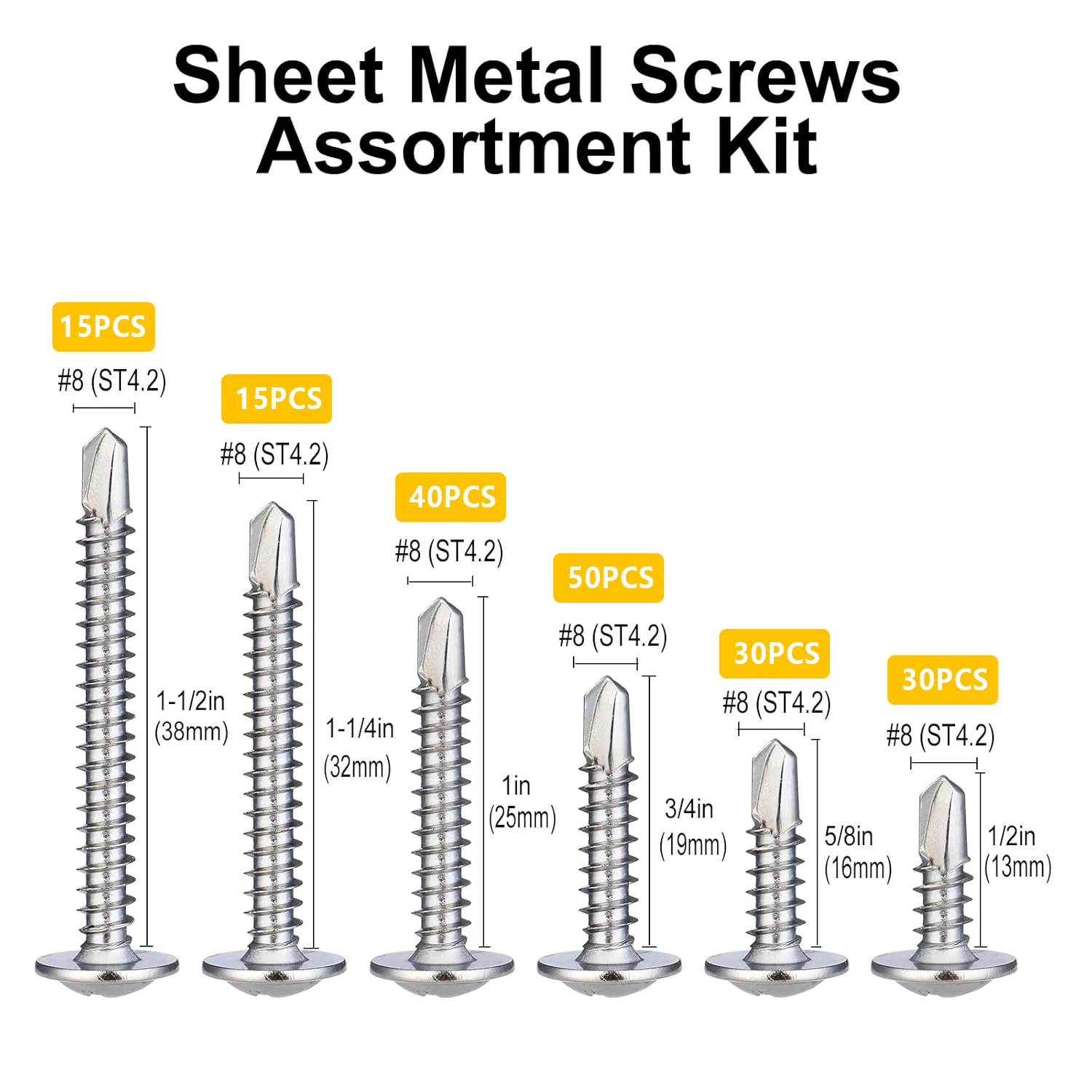 180pcs #8 Sheet Metal Screws Assortment Kit, 410 Stainless Steel Self Tapping Screws for Metal, Self Drilling Screws