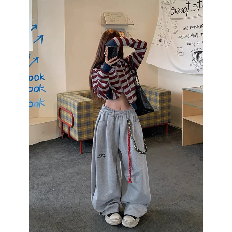Amerikanische Retro Grau Sport Hosen frauen Herbst Winter High Street Lose Jazz Dance Breite Bein Hosen Casual Hosen Trend