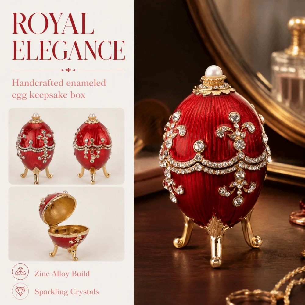 Red Easter Egg Jewelry Box Enameled Finish Rhinestone Detail Jewelry Trinket Box Zinc Alloy Egg Shape Decorative Storage Box