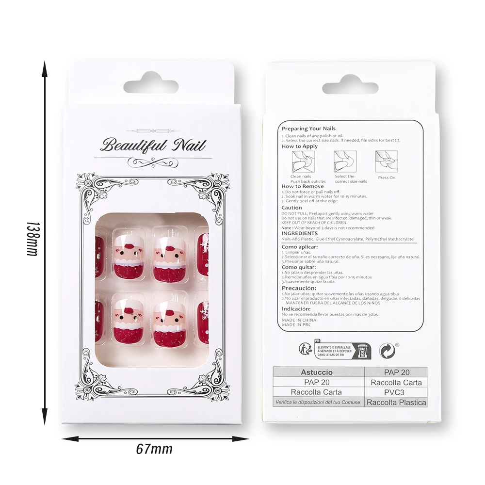 24 pièces mignon noël court carré presse sur ongles père noël Elk dessin animé faux ongles blanc flocon de neige brillant nouvel an faux ongles #